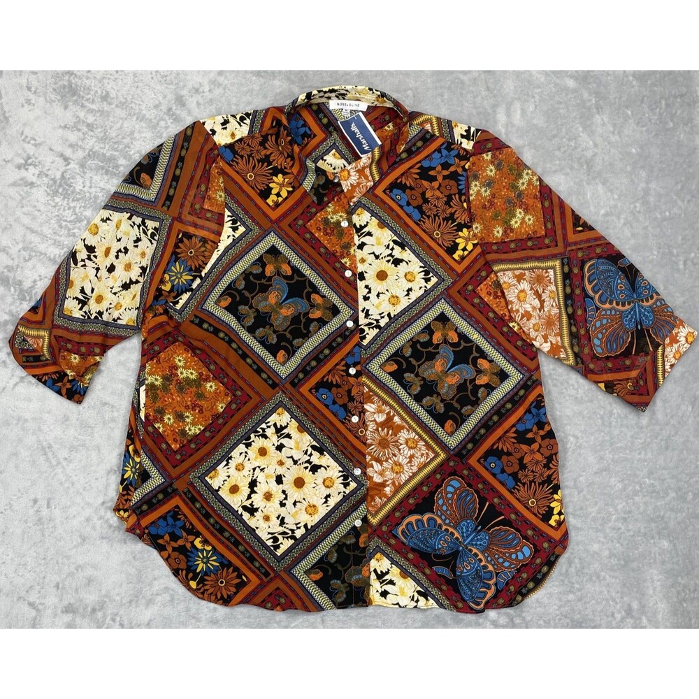 NWT Rose + Olive 2XL Bohemian Patchwork Print Button-Down Shirt